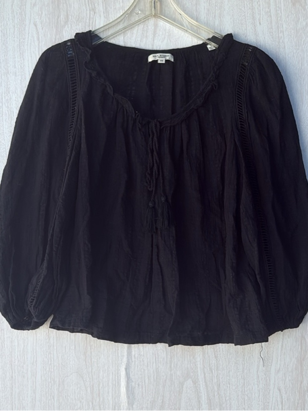 Max Studio Black Boho Peasant Blouse with Tassel Tie